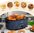 22 Quart Electric Turkey Roaster Oven with Removable Pan Large Stainless Steel Roaster, Visible & Self-basting Lid, Fast Heating & Thaw/warming Setting, Blue