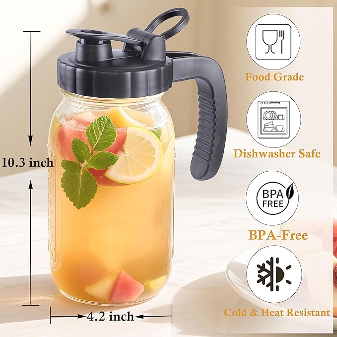 64 Oz Glass Mason Jar Pitcher With Lid 2 Quart Wide Mouth Cold Hot Water Pitcher Half Gallon Sun Tea Coffee Jug For Fridge Lemonade, Milk,Juice, Cold Brew Coffee Iced Tea Container Leakproof 2 Set