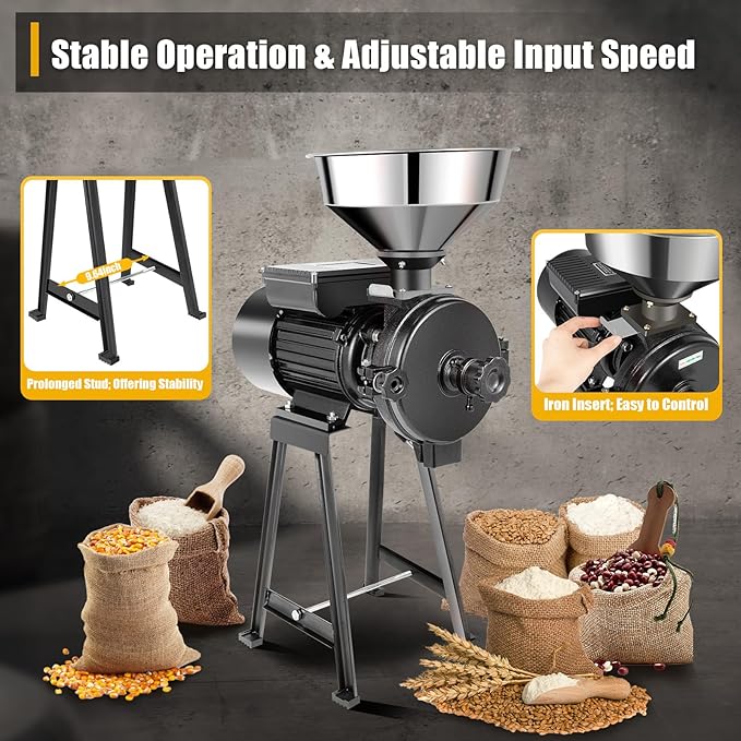Grain Mill Grinder, 1500W Electric Grinder Mill Machine, Dry Feed Flour Grain Grinders Machine with Adjustable Input Material Speed & Adjustable Output Thickness for Grinding Various Dry Items