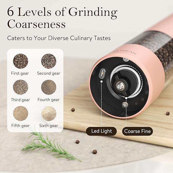 Ultrean Electric Pepper Grinder, Rechargeable Salt and Pepper Grinder with 6 Adjustable Coarseness, LED Light, One-Hand Automatic Operation, Pink