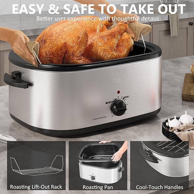 SUNVIVIPRO Roaster Oven 28 Quart, Electric Turkey Roaster with Self-Basting Lid, Removable Pan & Rack, Variable Temp Control, Stainless Steel Silver