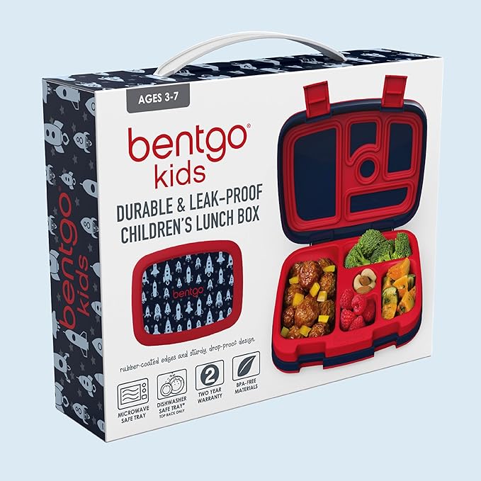Bentgo Kids Prints Leak-Proof, 5-Compartment Bento-Style Kids Lunch Box - Ideal Portion Sizes for Ages 3-7, Durable, Drop-Proof, Dishwasher Safe, & PFAS & BPA-Free Materials (Rocket)