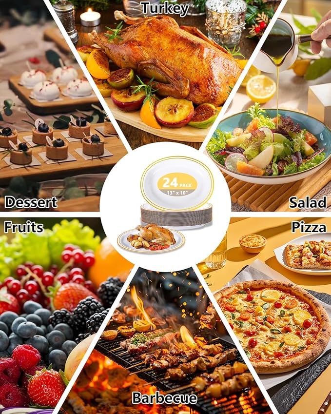YOUBET 24PCS Oval Plastic Plates - 13 inch Super Strong White and Gold Disposable Platters, Heavy Duty Serving Trays for BBQ, Picnic, Party, Wedding, Thanksgiving