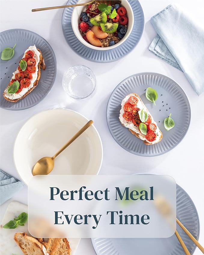 Stoneware Dinnerware Set for 4 People HYGGE 12-Piece - Elegant Scandi Design - Premium Dish Set - Bowl and Plate Set - Tableware for 4 People in a Ribbed Design - Pure Living in Gray-Blue