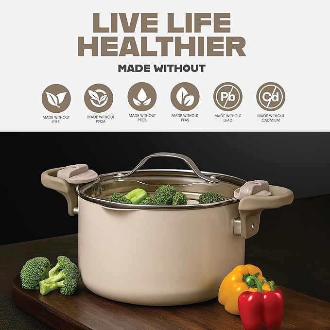 GOTHAM STEEL 5 Qt Ceramic Stock Pot Multipurpose Pasta Pot with Strainer Lid & Twist and Lock Handles, Nonstick Ceramic Pot for Soup, Spaghetti, Rice, Pots for Kitchen, Dishwasher Safe - Cream