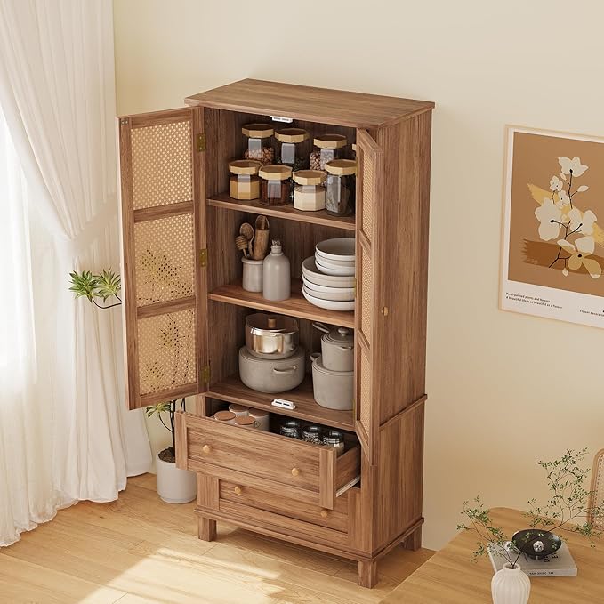 Garvee Pantry Cabinet, 72" Kitchen Pantry Storage Cabinet, Modern Farmhouse Kitchen Cupboard with Large Drawer, 2 Cabinets, 4 Adjustable Shelves, Freestanding Rattan Hutch for Dining Room Living Room