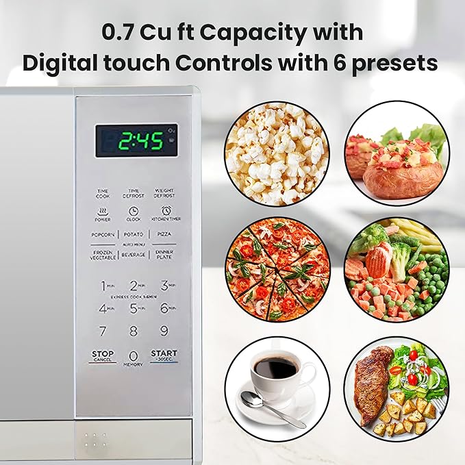 Total Chef 0.7 Cu Ft Microwave Oven - Stainless Steel Compact Style Microondas, Smart Countertop Kitchen Appliance With Digital Touch Use, Pre-Set Function, 10" Turntable, Easy To Use Horno, 700 watt