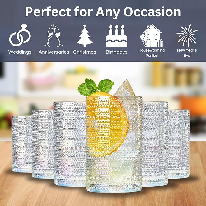 Hobnail Beaded Highball Drinking Tumbler Glasses | Set of 6 | Clear, Vintage Bubble Design Whiskey Glassware, Old-Fashioned, Embossed Design, Water, Wine, Cocktail Embossed Heavy Glass, Rocks Glass