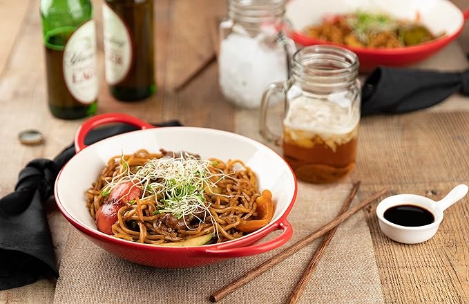 KooK Stir Fry Bowl, Wok Dish, Classic Thai, Ceramic Mini Wok, Stoneware Serving Bowls, For Soups and Pastas, Oven, Dishwasher and Microwave Safe, Cherry Red, 40 oz, Set of 2