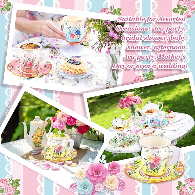 168 Pcs Floral Paper Tea Cups and Saucers Set, Severs Disposable Tea Party Supplies 6 Inch Plate, Saucer, Napkin, Paper Tea Cups with Handle for Tea Party Decorations
