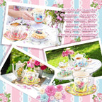 168 Pcs Floral Paper Tea Cups and Saucers Set, Severs Disposable Tea Party Supplies 6 Inch Plate, Saucer, Napkin, Paper Tea Cups with Handle for Tea Party Decorations