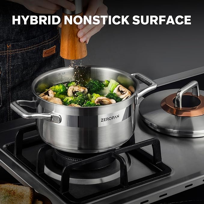 Hybrid Nonstick 4-Quart Stockpot,9.5 Inch Stainless Steel Stockpot with Lid,Non-stick Soup Pot,PFAS PFOA PTFE Free,Dishwasher-Friendly, Oven-Safe Up to 600°F,Compatible with All Cooktops