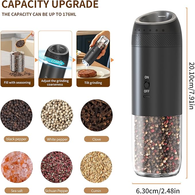 Electric Salt and Pepper Grinder Set – Rechargeable Gravity Automatic Pepper Mill Gift Set with LED Light & 6 Adjustable Coarseness