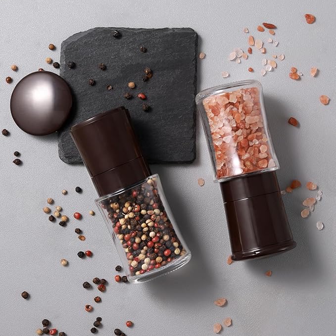 Vzaahu Salt and Pepper Grinder Set Brown, Refillable Small Shakers, Adjustable Coarseness, Ceramic Burr, Peppermill, Kitchen Cooking