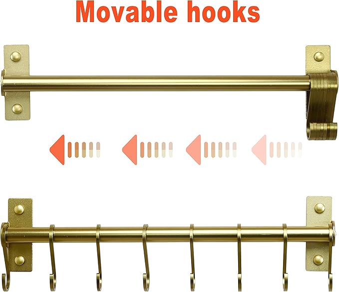 Dseap Kitchen Utensil Holder Hanger, Pot and Pan Rack Wall Mounted, Kitchen Rail with 8 Hooks for Hanging Cooking Utensils, Mugs, Spoons, Wall Mounted, Champagne Color