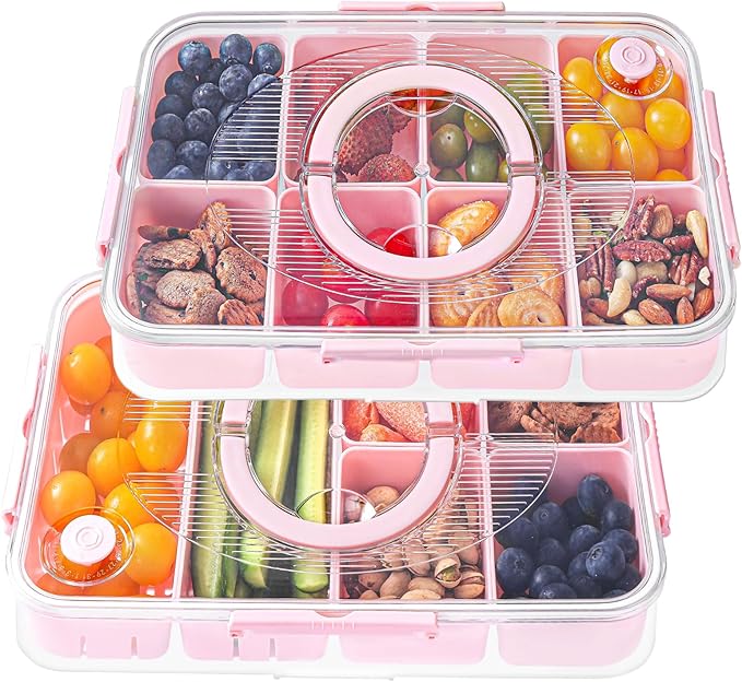 LUXEAR Divided Serving Tray with Lid and Handle Snack Box Charcuterie Container Dishwasher Safe 8 Compartment Snack Platters Portable Organizer for Candy, Snacks, Picnic, Party&Travel(2p pink)