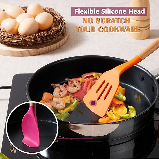 E-far Silicone Cooking Utensils Set, 10-Piece Kitchen Utensils Set with Wooden Handle for Nonstick Cookware, Heat Resistant Kitchen Nonstick Tools Spatula Whisk Ladle, Non-toxic & Healthy - Colorful