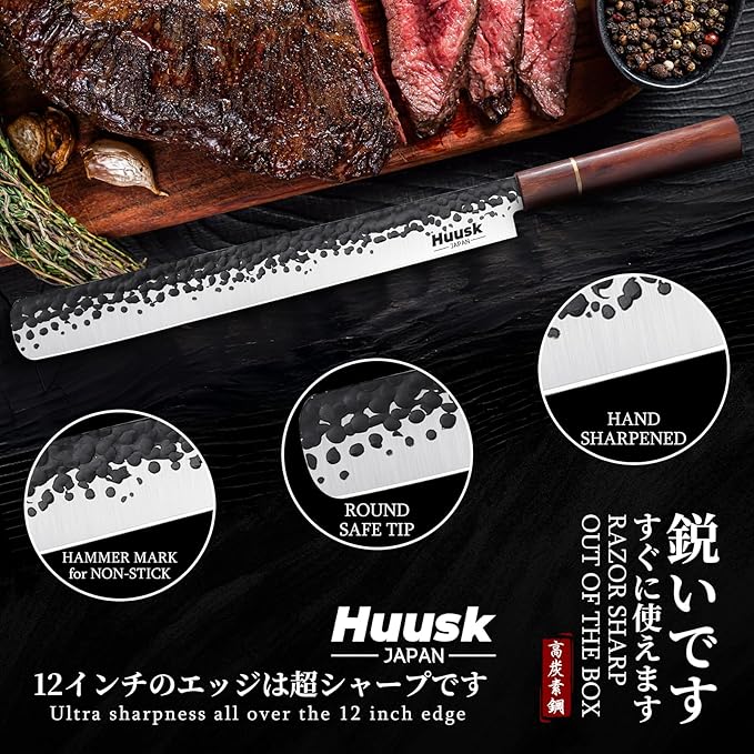 Huusk Japanese Brisket Carving Knife - 11in Slicing Knife for Meat Cutting Made by High Carbon Steel, Hand Forged Ultra Sharp Brisket Slicer with Wood Handle for BBQ Grilling Roast, Gift for Men Dad
