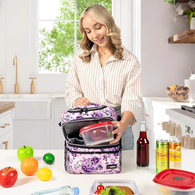 Opux Lunch Box For Women - Large Dual Compartment Insulated Lunch Bag, 10x7.5x10 Inches, Floral Purple
