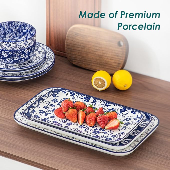 vancasso Serving Platters Set of 3, 16"/14"/12" Inch Rectangular Trays - Serving Platter Extra Large, Ceramic Serving Dish Microwave & Dishwasher Safe (Vintage Blue B)