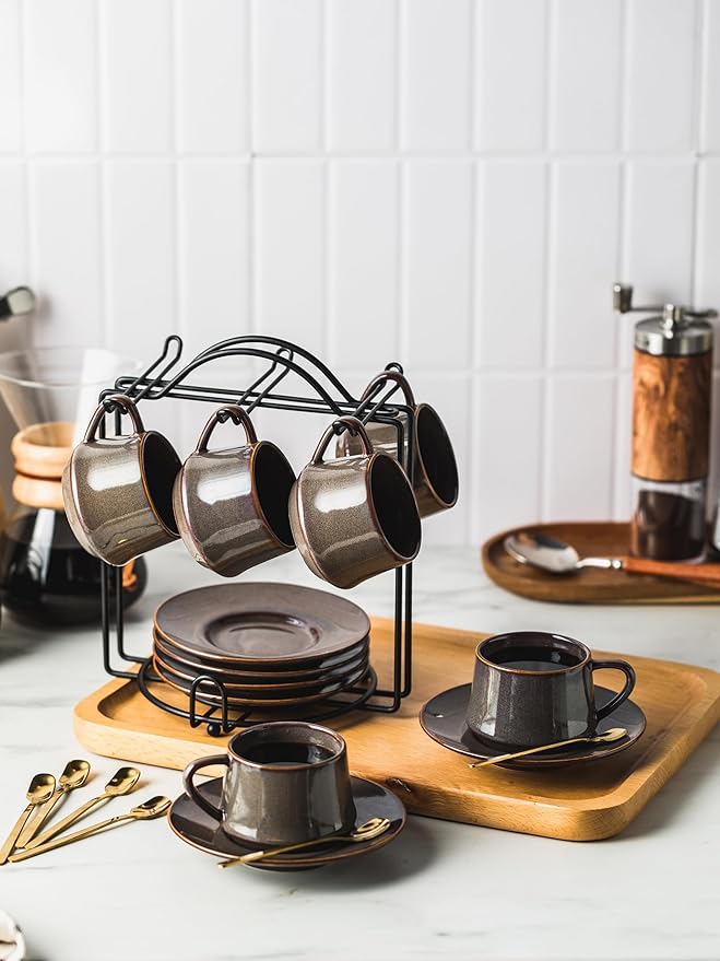 YHOSSEUN Espresso Cups 4 Oz, Porcelain Coffee Cups Set of 6 Espresso Cup with Saucers, Meatal Stand, and Stir Spoons, Brown Expresso Shots Cup