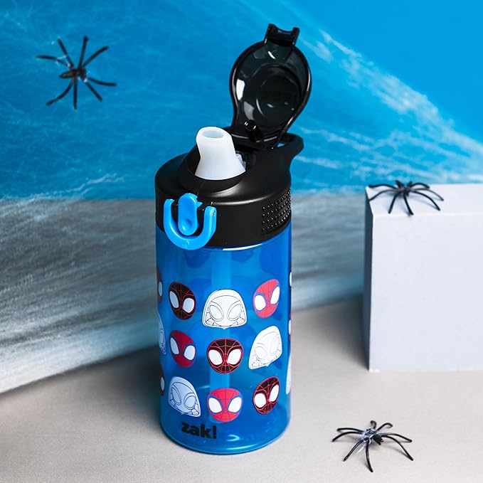 Zak Designs Sage Marvel Spider-Man Water Bottle For School or Travel, 16oz Durable Plastic Water Bottle With Straw, Handle, and Leak-Proof, Pop-Up Spout Cover (Spidey and His Amazing Friends)