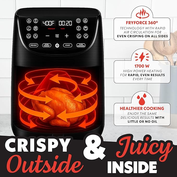 Gourmia Air Fryer Oven Digital Display 7 Quart Large AirFryer Cooker 12 Touch Cooking Presets, XL Air Fryer Basket 1700w Power Multifunction GAF716 Black and Stainless Steel Accents FRY FORCE 360°