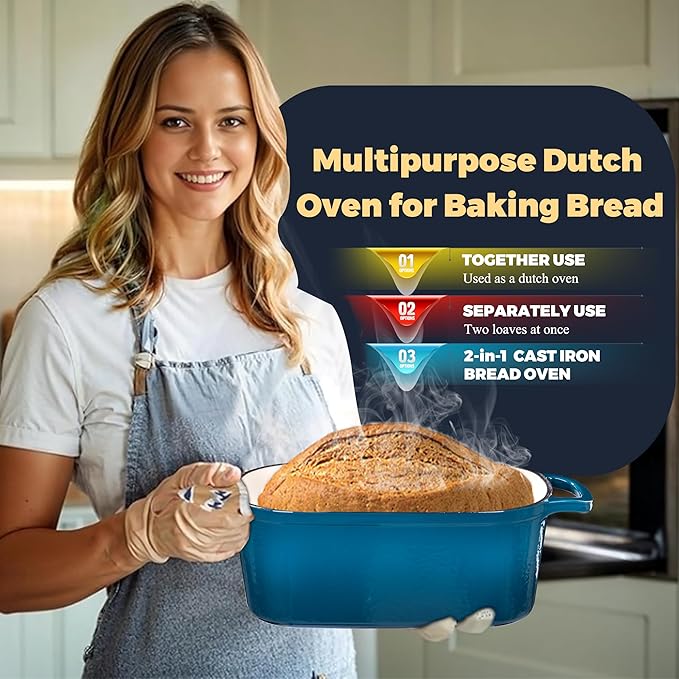 4.6 Quart Dutch Oven for Sourdough Bread Baking, Combo Oval Enameled Cast Iron Bread Pan with Lid, Bread Dutch Oven for a Crispy Crust, Teal