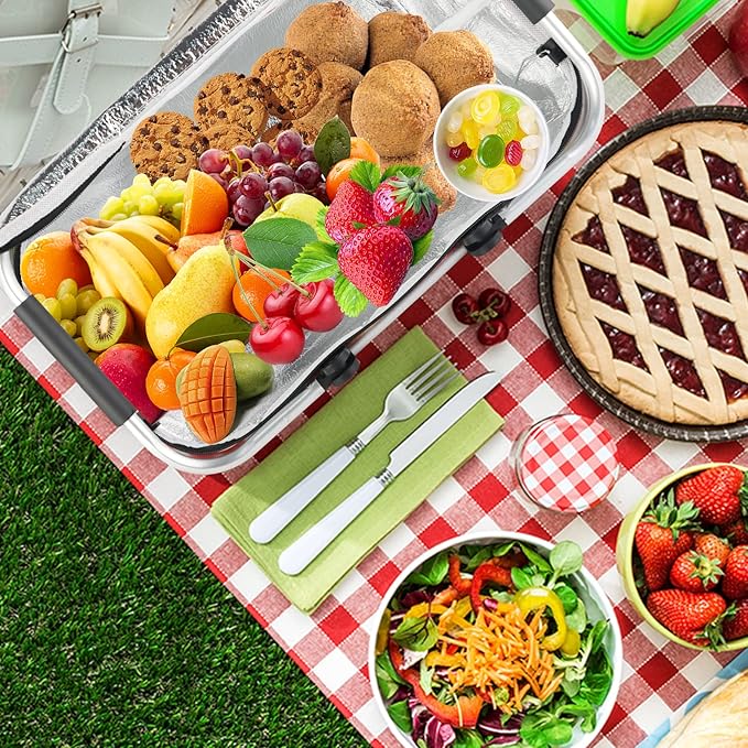 Insulated Picnic Basket,Collapsible Cooler Bag,32L Grocery Basket with Lid,2 Sturdy Handles,Storage Basket for Picnic,Food Delivery,Take Outs,Market Shopping,Travel (Black Grid)