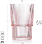 Glaver's Ribbed Drinking Glasses Set of 4 - Pink Vintage Glass Cups 15.38 oz, Stackable Highball Glasses, Juice, Iced Coffee Cups, Water Glasses for Beverages - Blush