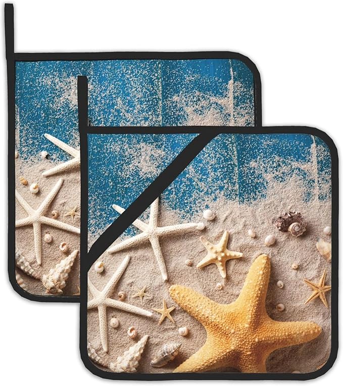 2 Pack Seashell Starfish Pot Holders for Kitchen Heat Resistant, Blue Wooden Beach Potholders for Kitchens Washable for Cooking & Baking & Microwave