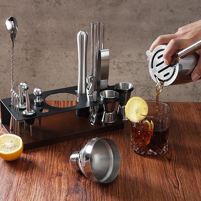 23-Piece Bartender Kit, Cocktail Shaker Set with Stand | Bar Drink Mixer Set with All Essential Bar Tools: Martini Shaker, Jigger, Strainer, Spoon, Muddler, Pourers, for Home, Bar, Party