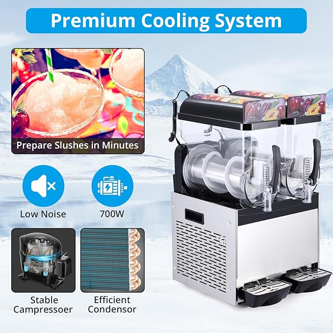 Commercial Slushy Machine, 15L*2 slushy machine for home, 700W Professional cocktail margarita Frozen Drink Maker with Automatic cleaning mode, Stainless Steel Construction, Efficient