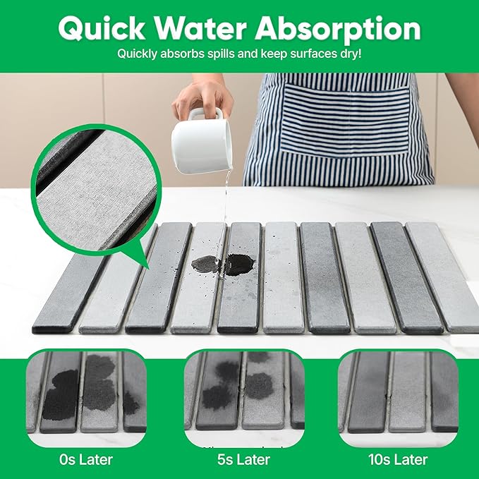 MHM Stone Dish Drying Mat – Volcanic Diatomaceous Earth from Changbai Mountains – Fast-Absorbing, Heat Resistant, Bamboo Rack Included – Eco-Friendly, Minimal Kitchen Drying Mat