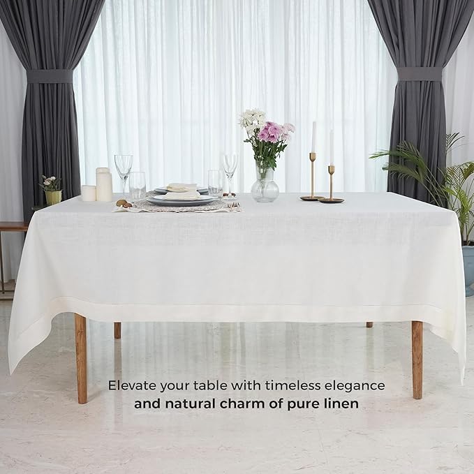 D'Moksha Homes Ivory Linen Tablecloth for Rectangle Tables 60 x 84 Inch - Classic Hemstitch 100% Pure Linen Ivory Table Cloth - Machine Washable Dining Tablecloth for Summer, Fall and Halloween