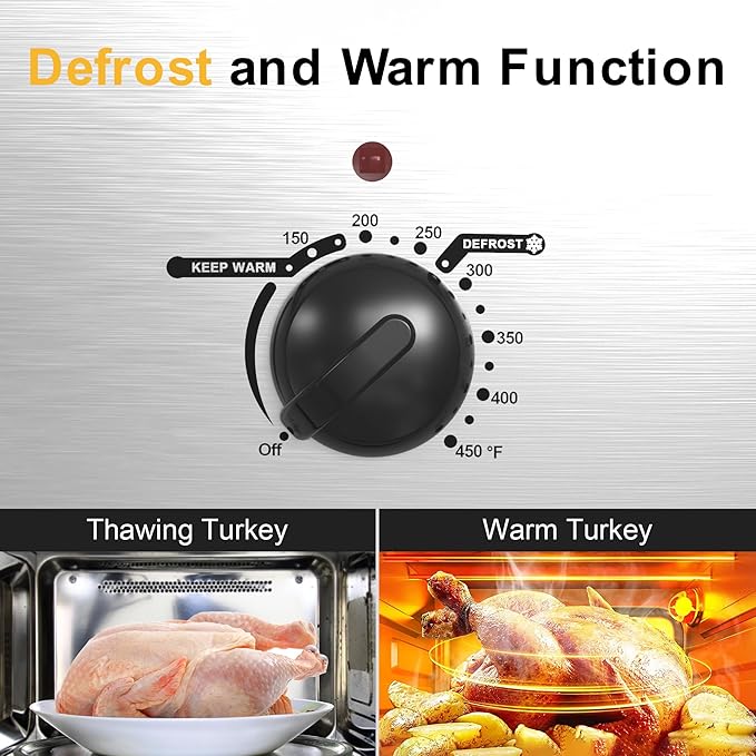 Sunvivi 26lb 22-Quart Roaster Oven, Electric Roaster Oven with Viewing Lid, Turkey Roaster with Unique Defrost/Warm Function, Large Roaster with Removable Pan & Rack, Stainless Steel, Silver