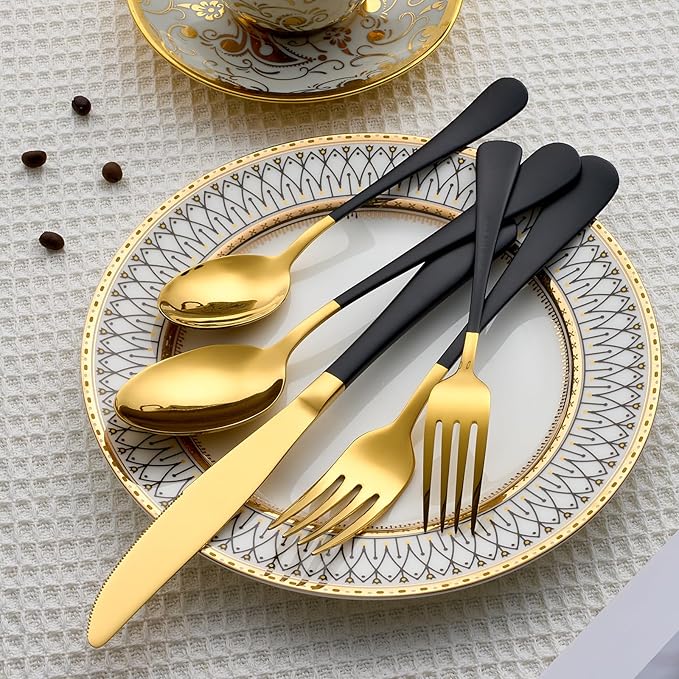 20 Piece Gold and Black 18/0 Flatware Utensil Set for 4, Include Dinner Knife,Dinner Forks,Dinner Spoons,Salad Forks,Teaspoons,Silverware Set for 4, Dishwasher Safe
