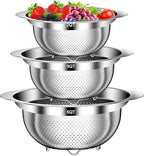 Colander, Stainless Steel Colander for Kitchen, 3Pcs Kitchen Gadget Food Strainer Basket with Handle, Kitchen Strainer Colanders Bowl for Pasta Noodles Spaghetti Vegetables Fruit (2QT, 3QT, 5QT)