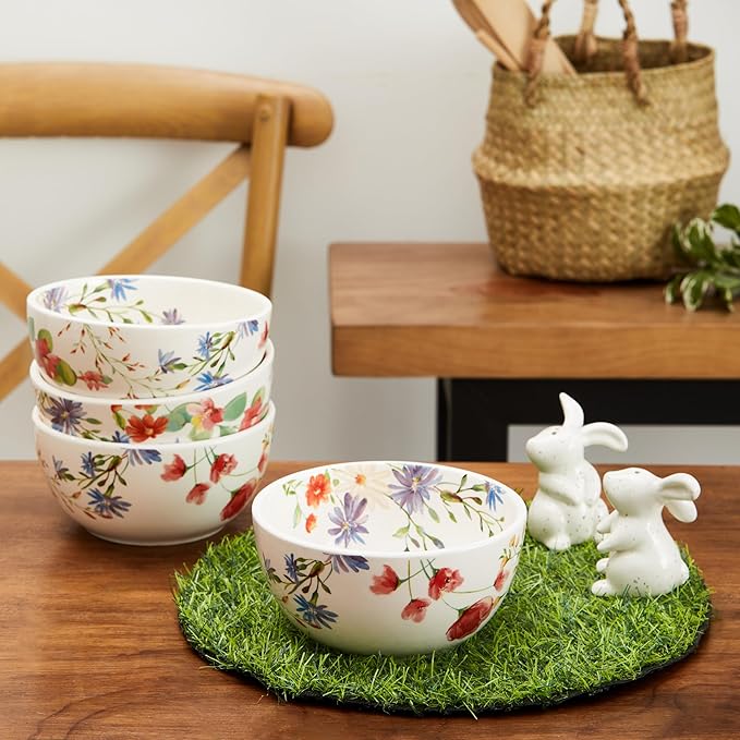 Bico Summer Provence Cereal Bowls Set of 4, 26 oz Deep Ceramic Soup Bowls for Cereal, Salad, Noodles, Kitchen, Microwave and Dishwasher Safe, Gift for Housewarming and Thanksgiving