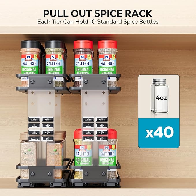 Nieifi Pull Out Spice Rack Organizer, 2 Tiers, Acrylic Transparent, Spice Organization for Cabinet, Height Adjustable, Easy to Install