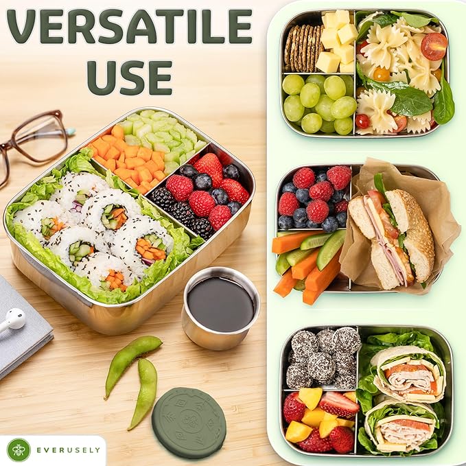Everusely - Bento Box - Sage, 47oz / 1.4 L - Stainless Steel Lunch Box with Leakproof Condiment Container - 3 Compartment Snack Organizer for On the Go Meals - Freezer & Dishwasher Safe