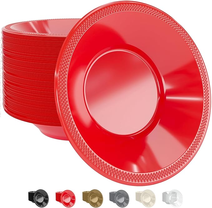Party Solids 12 Oz Red Plastic Bowls Disposable Bowls for Hot Food Soup 50 Pcs - For Soup, Salad, Cereal, Desserts & Party Supplies