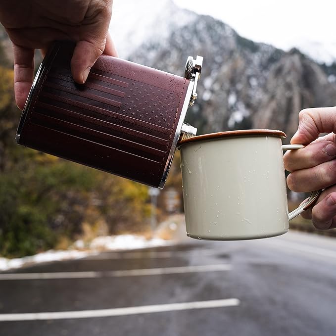 Leather American Flag Hip Flask - Leak Proof Food Grade Stainless Steel for Whiskey or Bourbon Liquor | Bonus Funnel (USA 8 Ounce Flask, Brown Leather Wrap)