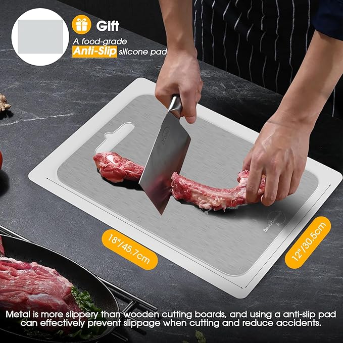 Titanium Cutting Board, 100% Pure Titanium, 2mm Thick, 18" x 12", Silver, Rectangular, Stain Resistant, Non-Slip, Meat, Vegetable, Fruit, Charcuterie, Bread, Cheese