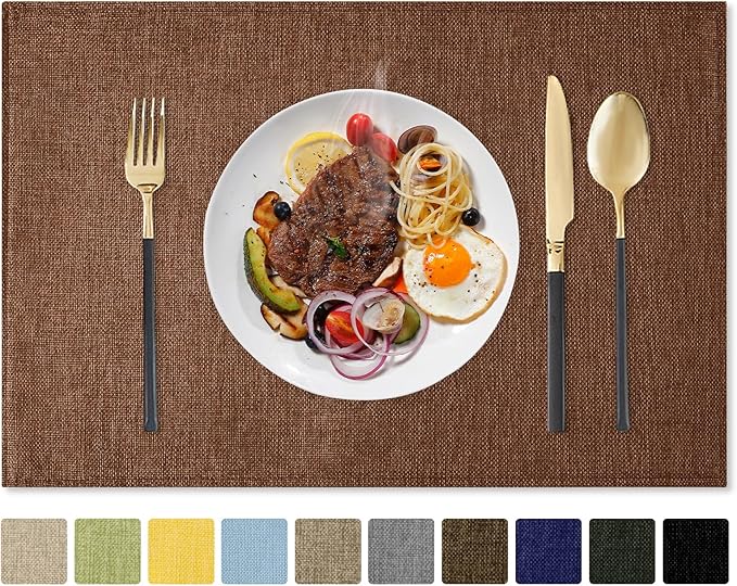 Romanstile Cloth Placemats Set of 8-12 x 18 Inch, Heat Resistant Double Layered Thickened Burlap Place Mats, Washable Linen Farmhouse Table Mats for Kitchen/Dining/Party/Outdoor, Dark Brown