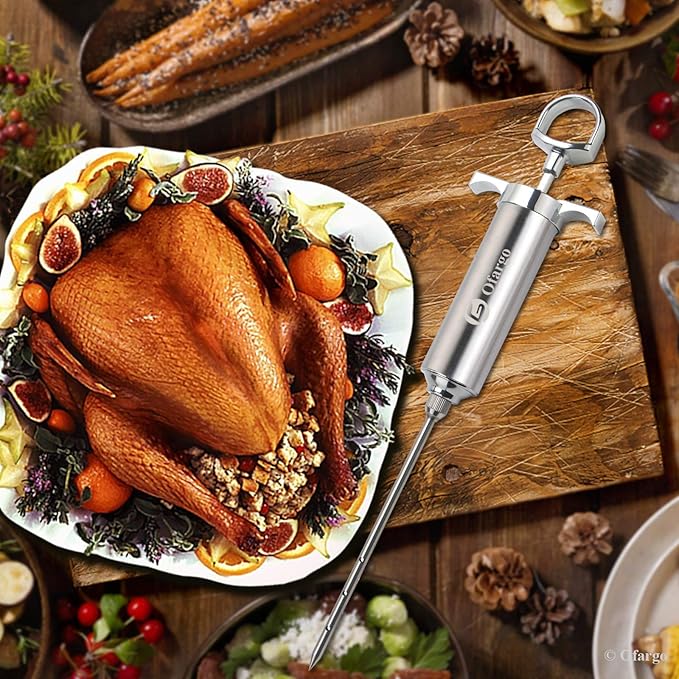 Stainless Steel Meat Injector Syringe Kit with 4 Marinade Needles for BBQ Grill Smoker, 2-oz Large Capacity, Both Paper User Manual and E-Book Recipe