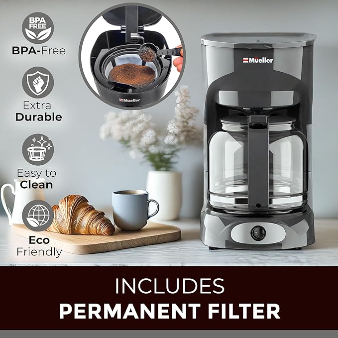 MUELLER HOME 12-Cup Drip Coffee Maker Perfect for Home or Office, Borosilicate Carafe, Auto-Off, Reusable Filter, Anti-Drip, Keep-Warm Function, Clear Water Level Window, Gray