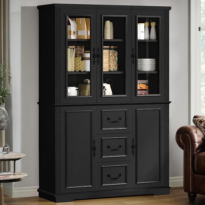 YITAHOME 71" H x 47" W Kitchen Pantry with 3 Drawers, Large Storage Cabinet with 3 Glass Doors & Adjustable Shelves, Freestanding Tall Display China Cabinet for Living & Dining Room, Black