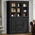 YITAHOME 71" H x 47" W Kitchen Pantry with 3 Drawers, Large Storage Cabinet with 3 Glass Doors & Adjustable Shelves, Freestanding Tall Display China Cabinet for Living & Dining Room, Black