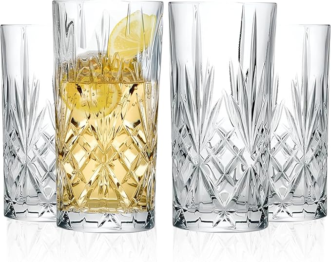Barski Highball Glass - Drinking Glasses - Set of 4 - Hiball Tumblers - Glass Crystal Tumbler - for Water, Juice, Beer, Mixed Cocktails, Mojito Glass, Tom Collins Bar Glassware, 12 oz, Made in Europe